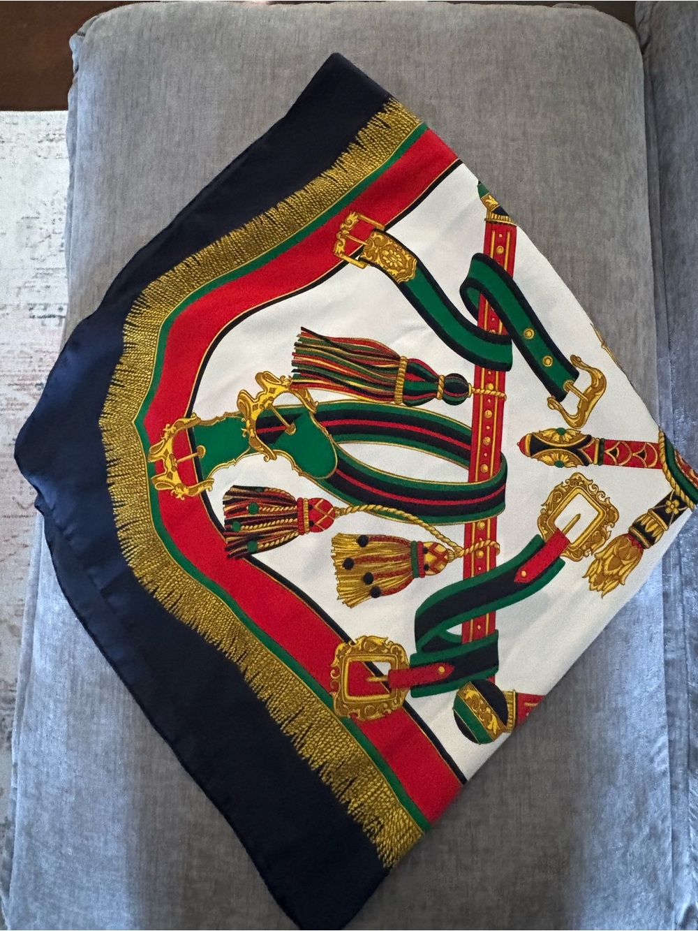 Classic Equestrian Print Silk-Feel Scarf in Black, Red, Green, White